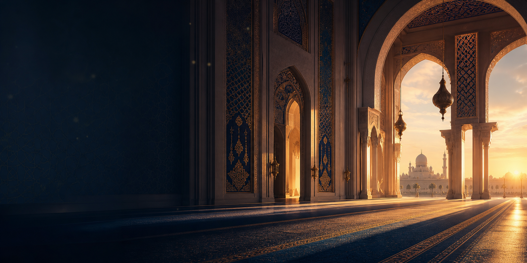 A serene mosque prayer hall with elegant arches and warm dawn light